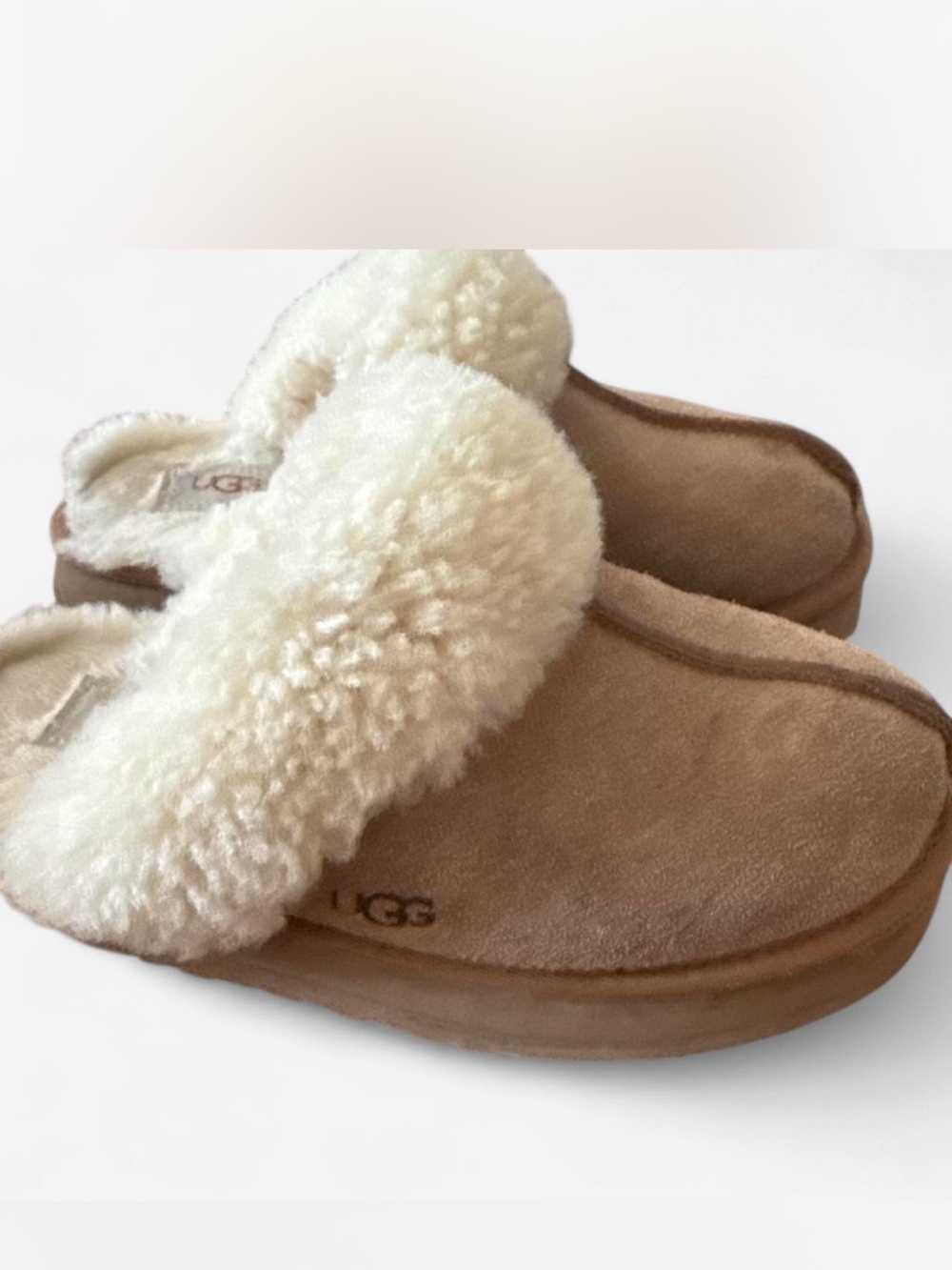 UGG Chestnut Suede Clog Slippers with Cream Sheepskin Collar